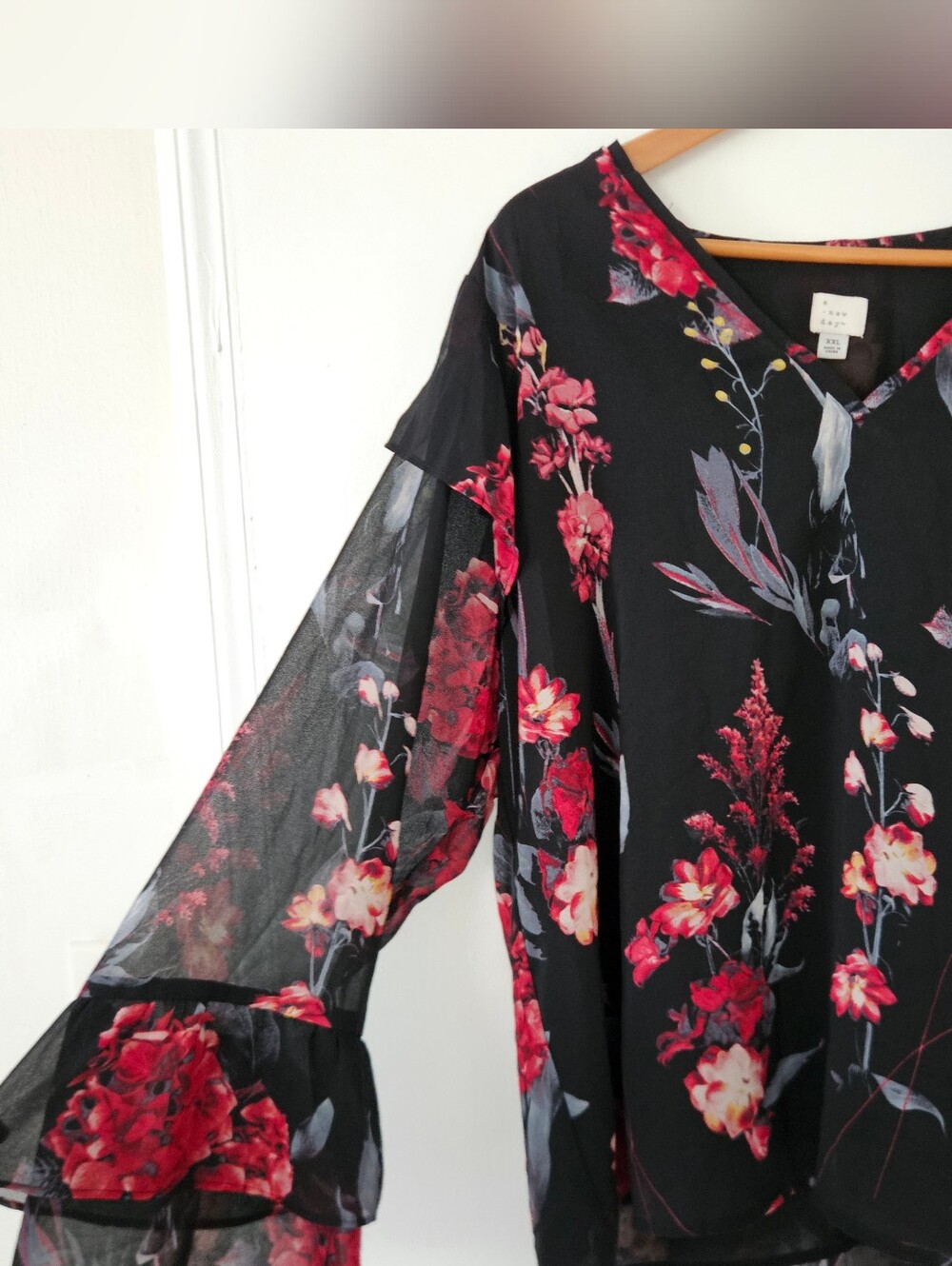 A New Day Womens Top XXL Whimsigoth Dark Floral Sheer Bell Sleeve Romantic Flowy